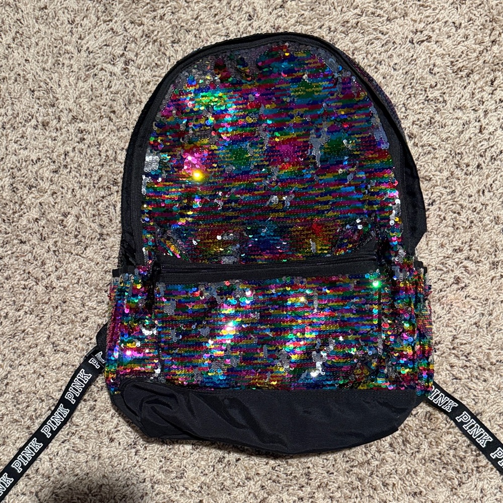 PINK Victoria’s Secret multicolored flip sequins backpack with 3 large openings - Picture 2 of 10